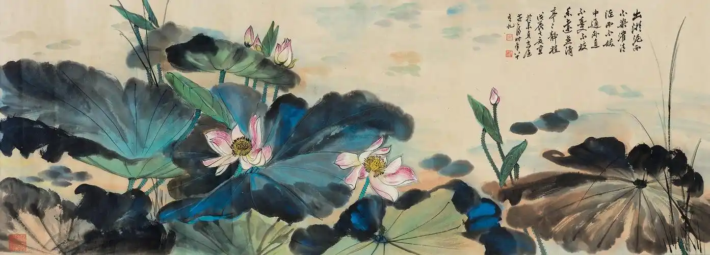 0120 重彩荷花 横轴 设色纸本