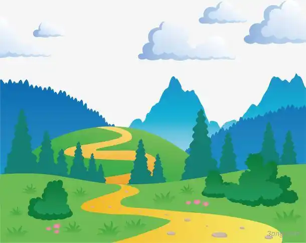 青山绿水插画png素材透明免抠图片-卡通手绘