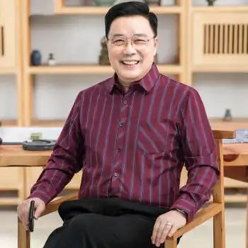 参加婚礼穿的爸爸衬衫喜庆婚宴喜公公喜爸爸礼服宽松短袖竖条免烫结婚