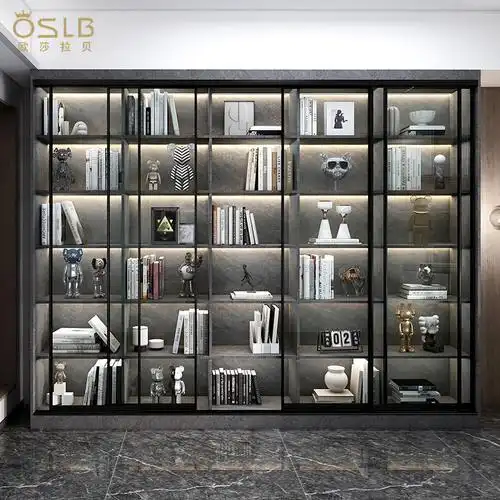 轻奢组合书柜落地靠墙推拉门书架玻璃门实木展示柜组合书柜