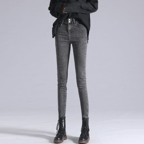 烟灰色加牛仔裤秋冬季2020新款高腰修身显瘦小脚牛仔裤