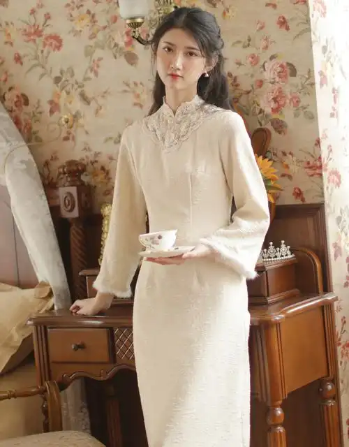 现货复古气质民国国大小姐旗袍2020秋冬长袖旗袍