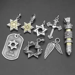 s925纯银镀金k金六芒星十字架吊坠 日韩男女气质百搭羽毛挂坠项坠