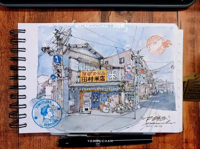 钢笔淡彩横向构图个人风格日本街景