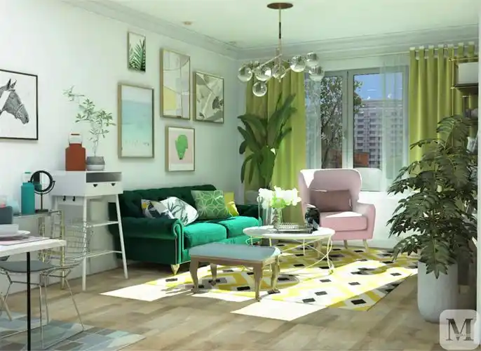 以祖母绿为主要颜色,搭配脏粉色,浅黄色,时尚感比较足,同时家具的边框