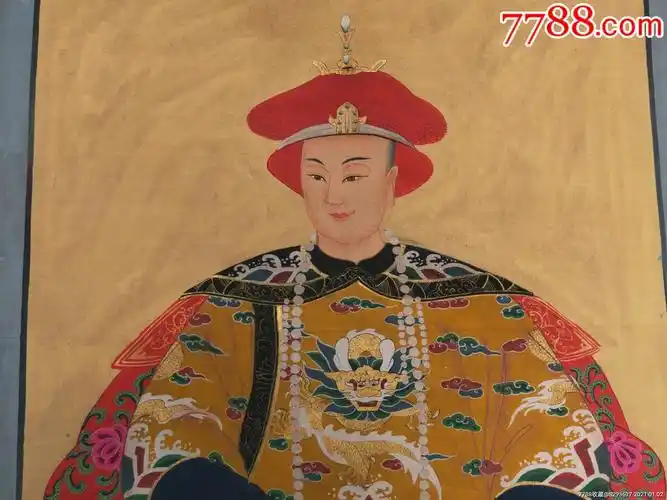 民国精品纯手绘老粗布五彩描金大清十二帝画像之同治皇帝全品满工完整
