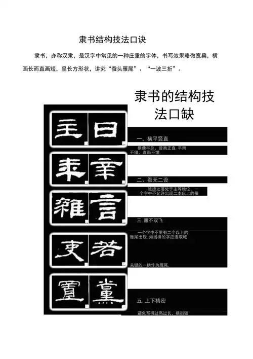 隶书结构技法口诀