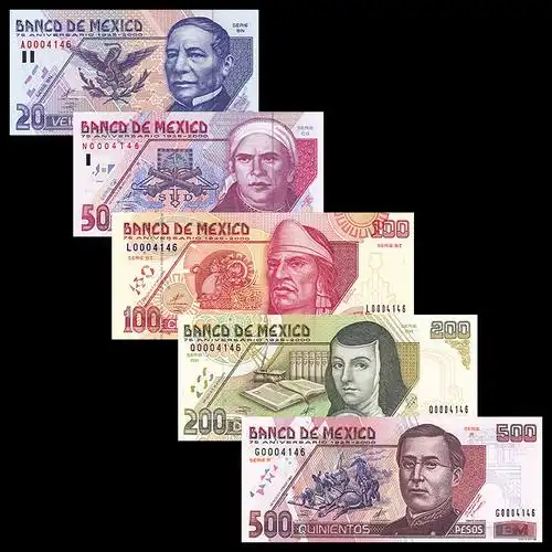 全新unc 墨西哥5枚张(20-500比索)纸币大全套(大图展示)