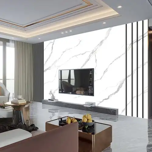 闽匠2021新款电视背景墙面壁布简约轻奢风大理石纹影视墙格栅线条