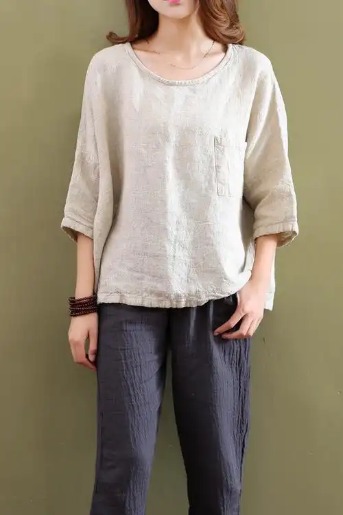 【休闲舒适】棉麻女士半袖上衣夏款复古宽松大码圆领蝙蝠袖亚麻恤简约