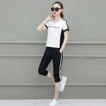 夏装新款女装时尚休闲运动服套装夏天套韩版短袖套装短袖7分裤白色2xl