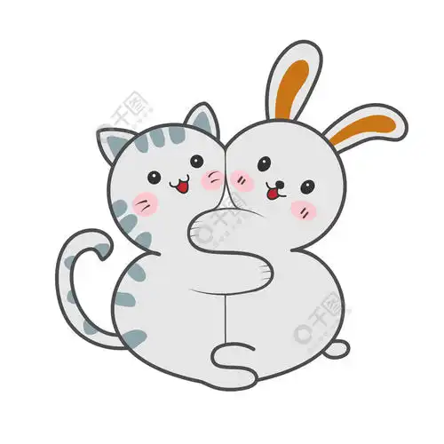 小猫和兔子拥抱用于书籍应用程序和创意设计的儿童有趣图片平面样式
