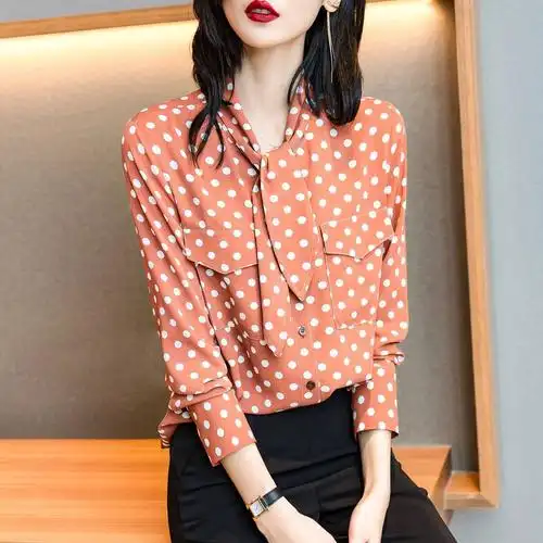 正品哥弟新款女装2022年春装新款洋气百搭波点长袖雪纺衬衫女上衣