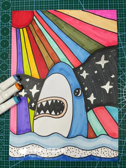 夏日滤镜#画画  #手绘临摹  #儿童画  #鲨鱼  #鲨鱼裤  #鲨鱼齿男孩