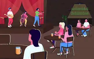 酒吧里的爵士乐表演.餐厅的夜生活.艺人 2d 卡通人物,背景为内饰.