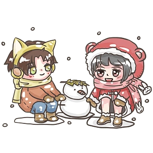 冬季情侣恩爱堆雪人卡通手绘