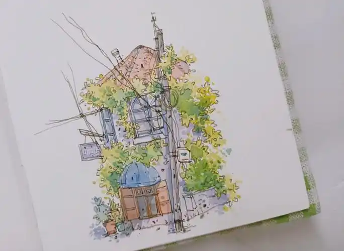 钢笔淡彩被绿植包围的房子过程步骤