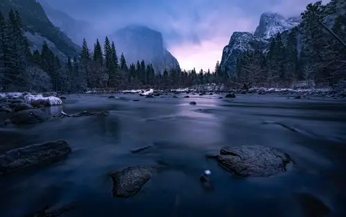 优胜美地国家公园,河流,山脉,雪地,冬季 1080x1920 iphone 8/7/6/6s