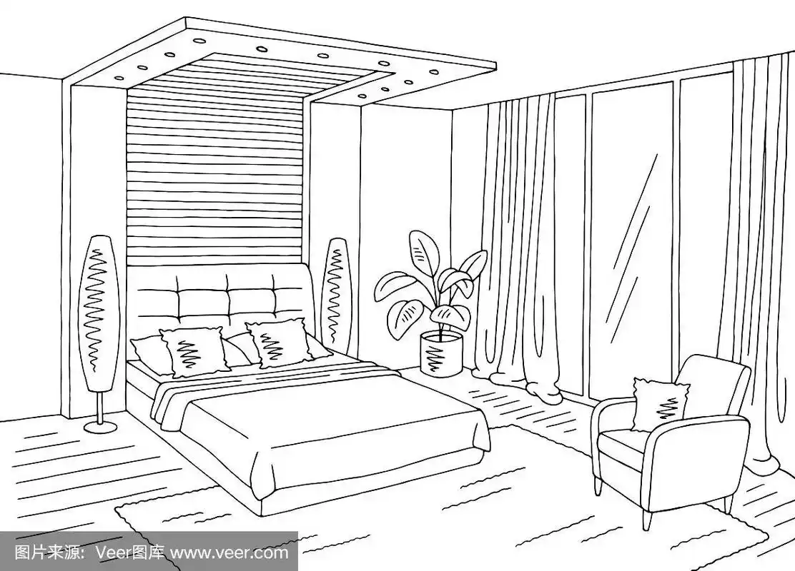 卧室图形黑白色家庭室内素描插图矢量