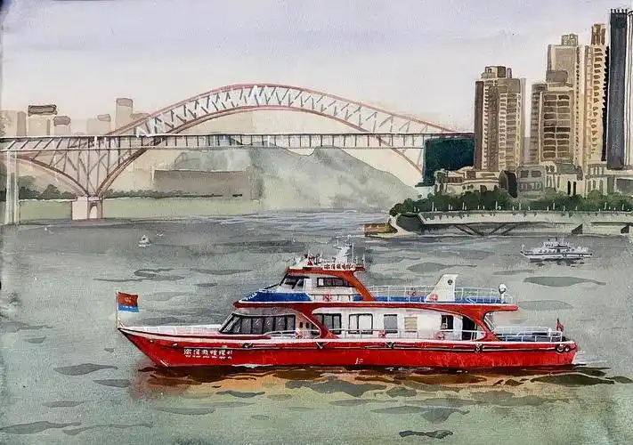 水彩画海天空船