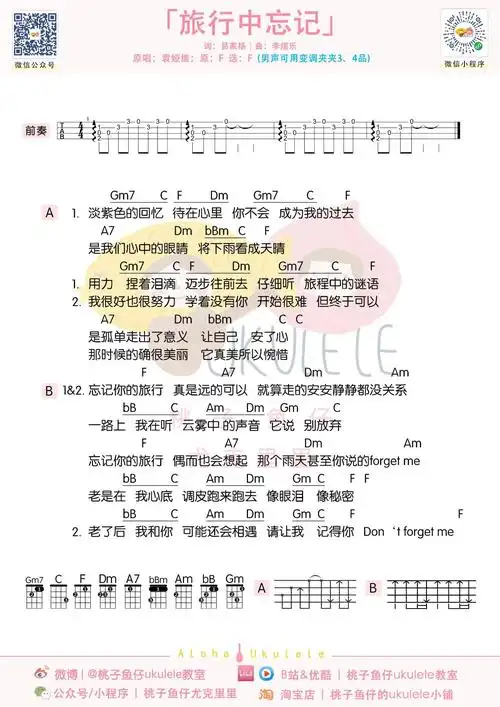袁娅维《旅行中忘记》尤克里里谱_原调f调弹唱谱|酷玩吉他|扒谱制谱