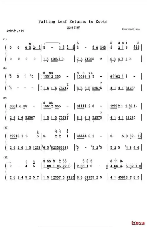 落叶归根钢琴简谱-数字双手-王力宏1