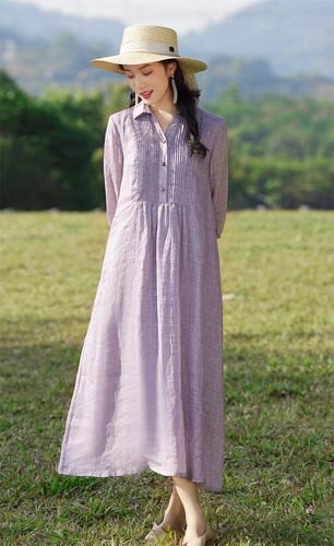 文艺棉麻女装新款七分袖纯苎麻纯色连衣裙大码文艺复古长裙女袍子