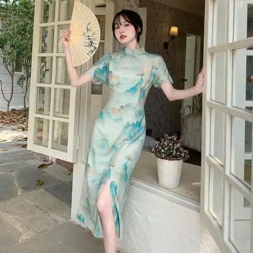 新中式复古气质民国风旗袍裙夏季大码短袖千里江山图侧开叉连衣裙