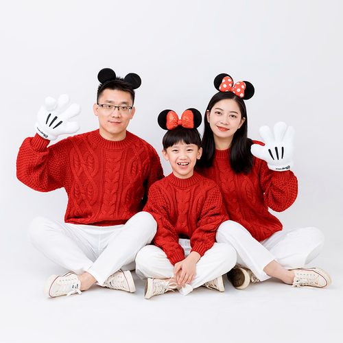 一家三口亲子装红色毛衣纯棉全家福新年服装男童女童加厚针织衫