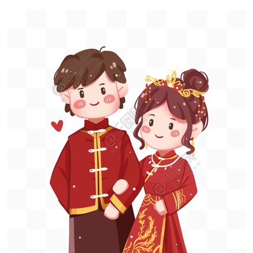 中式结婚订婚秀禾情侣新娘卡通手绘喜庆迎宾