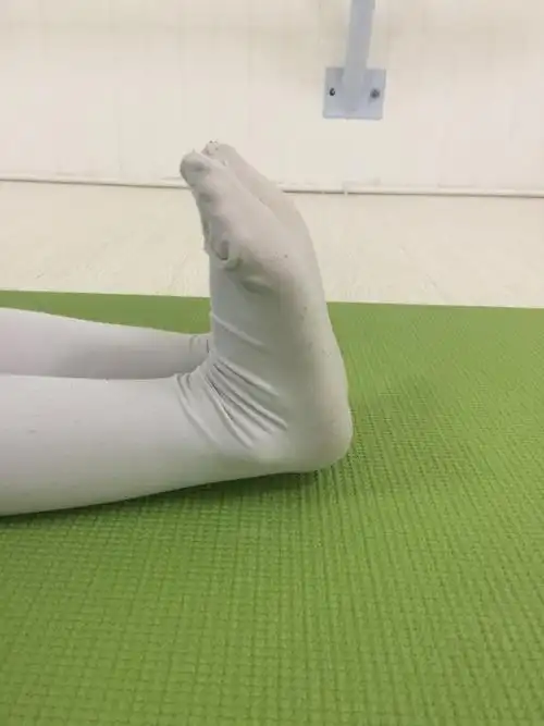 勾脚,脚跟登直,脚尖往上脚跟抬起.