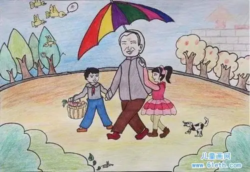一等奖尊老爱幼主题儿童画彩铅画作品欣赏:我们帮老奶奶撑伞