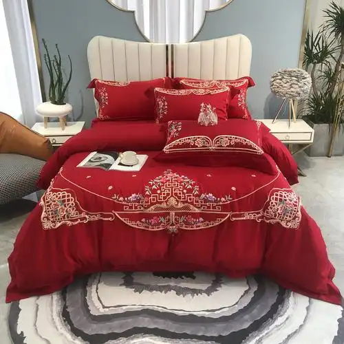 真品罗莱家纺婚庆四件套正品纯棉全棉结婚中式刺绣大红床上用品4
