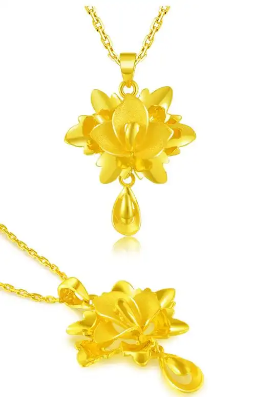 迎彩钻黄金莲花吊坠女9999足金花朵水滴坠子金项链挂坠新款送妈妈礼物