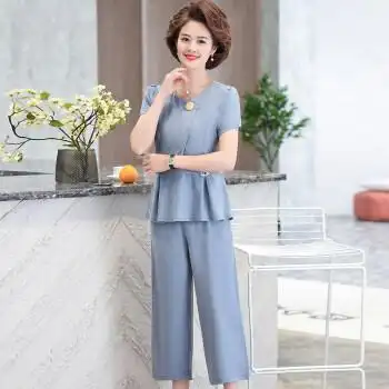 中年妇女夏天套装妈妈夏装两件新款50岁女洋气短袖上衣服中老年女装