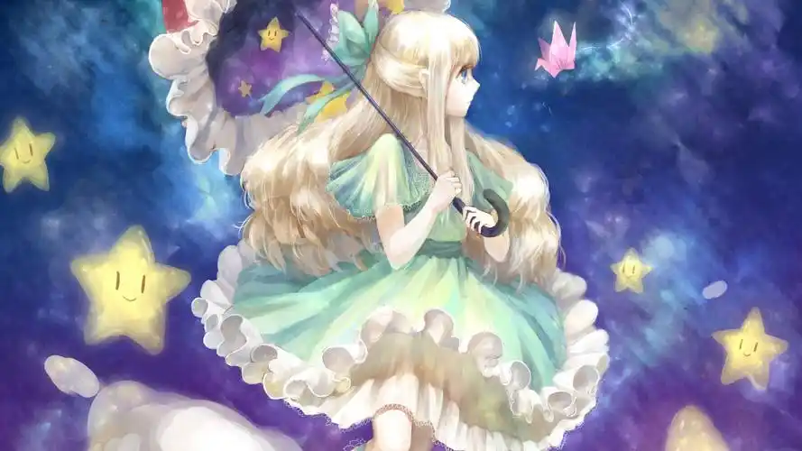 可爱动漫女孩,漂亮裙子,伞,可爱星星,千纸鹤,动漫桌面壁纸