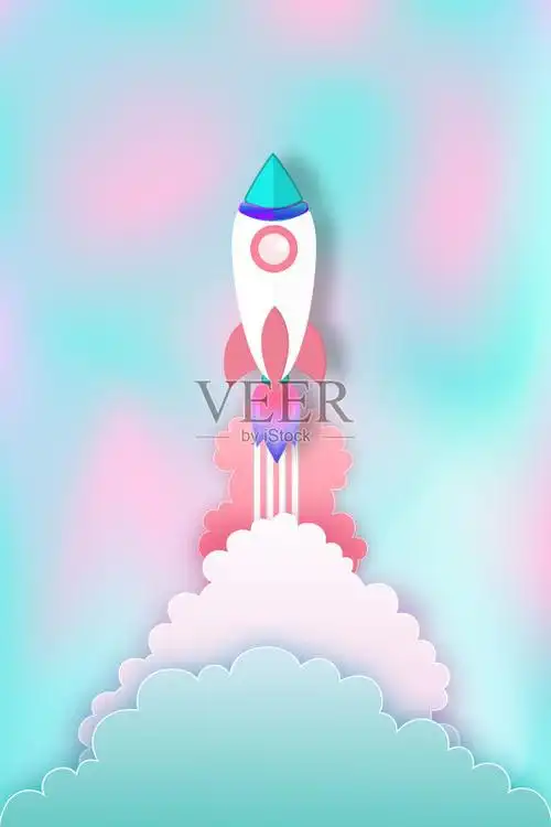 在淡色美好的背景的火箭队发射作为事务开始,纸艺术和工艺样式概念.
