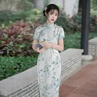 新款气质年轻日常时尚复古民国风中式素雅旗袍连衣裙夏新丝绸 浅绿色