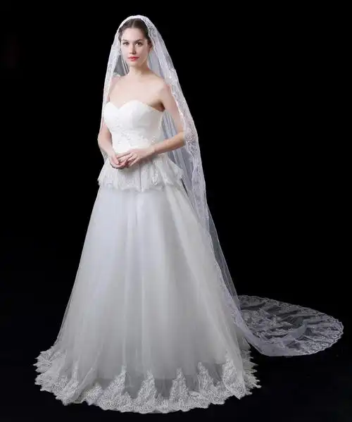 2017大头纱婚纱礼服拖尾长头纱蕾丝亮片唯美新娘精品头纱7014