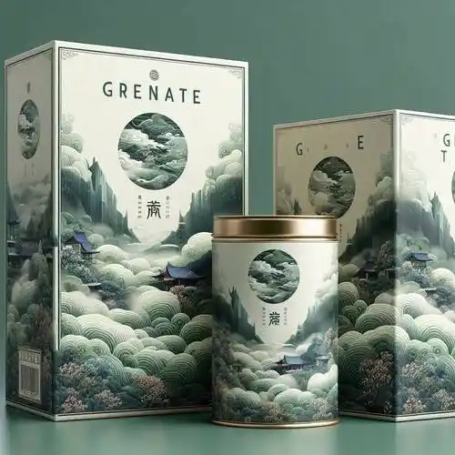 生成茶叶包装,logo为tea,右边为礼盒装,左边为金属罐,包装造型创意