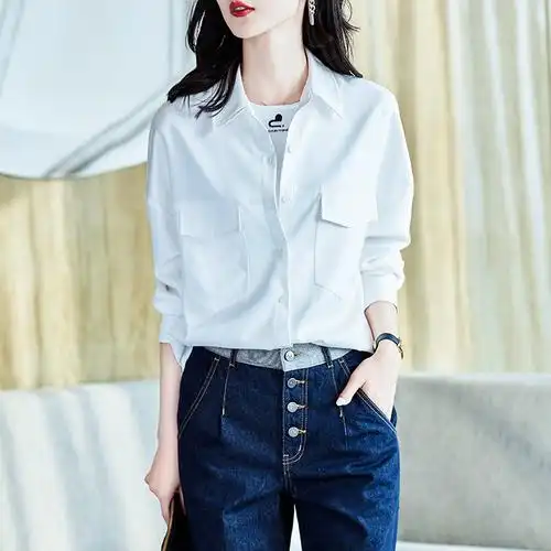 早春新款韩版简约翻领衬衫2023宽松休闲系时尚白色长袖衬衣外套女