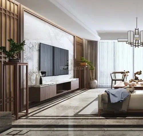 美的君兰半岛107平米三居新中式风格电视背景墙装修设计效果图