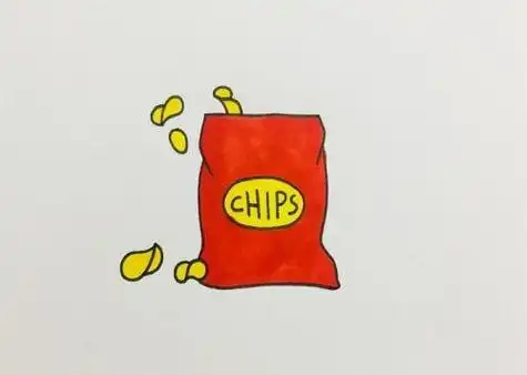 难点是对薯片和薯片包装颜色的选择和搭配,这样画出来的薯片简笔画既