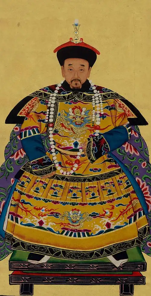 早期佚名手绘"亲王先祖像"布本镜心一件.尺寸:76.5×39.1cm.