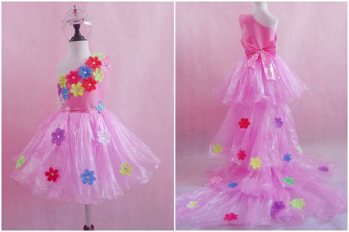 环保女童拖尾裙子垃圾袋衣服亲子走秀儿童演出服