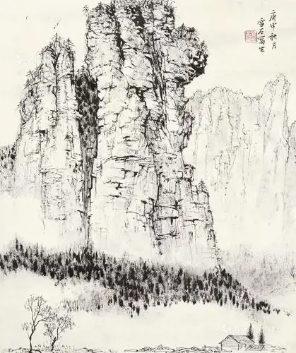 0446白描山水镜心纸本