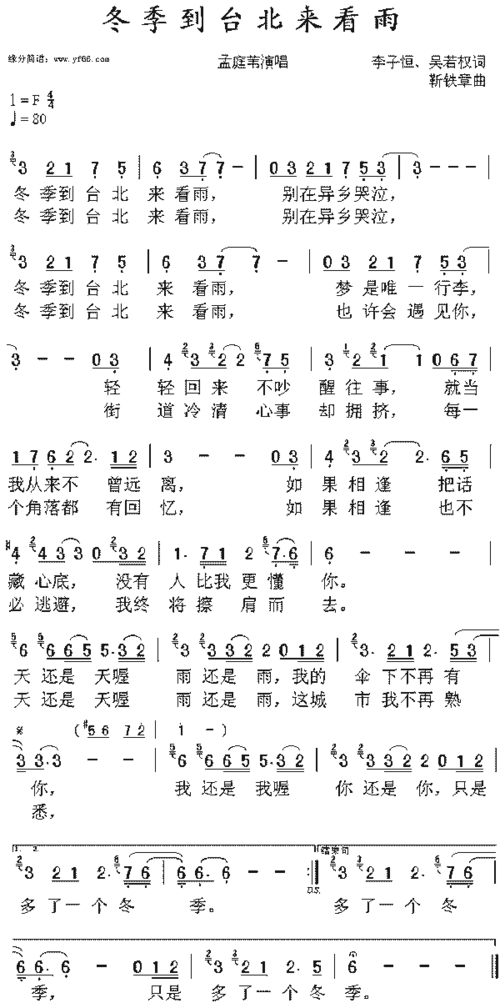 来看雨简谱,孟庭苇冬季到台北来看雨歌谱,孟庭苇冬季到台北来看雨歌词