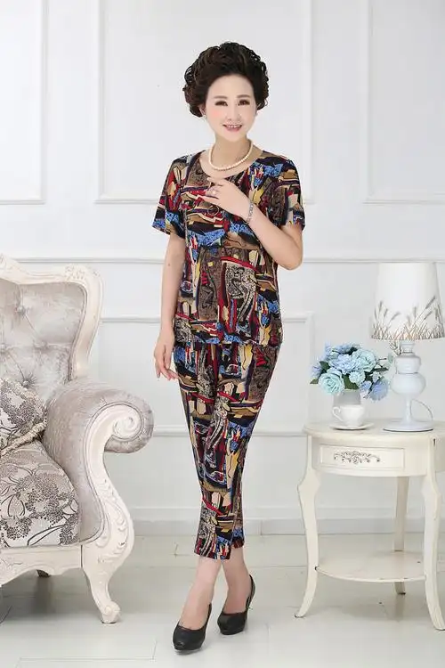 中老年人女装套装夏装大码奶奶装短袖t恤50-60岁70上衣裤子两件套