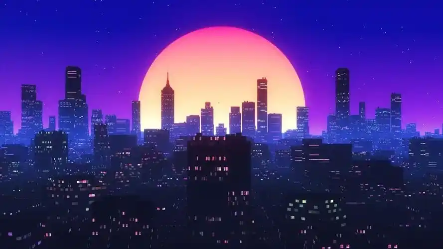 y1606 我来人间一趟 歌曲配乐 赛博朋克粉色霓虹灯城市大圆月亮灯火通