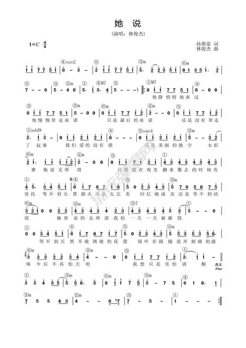 歌曲简谱林俊杰她说他说简谱和弦功能谱流行弹唱网